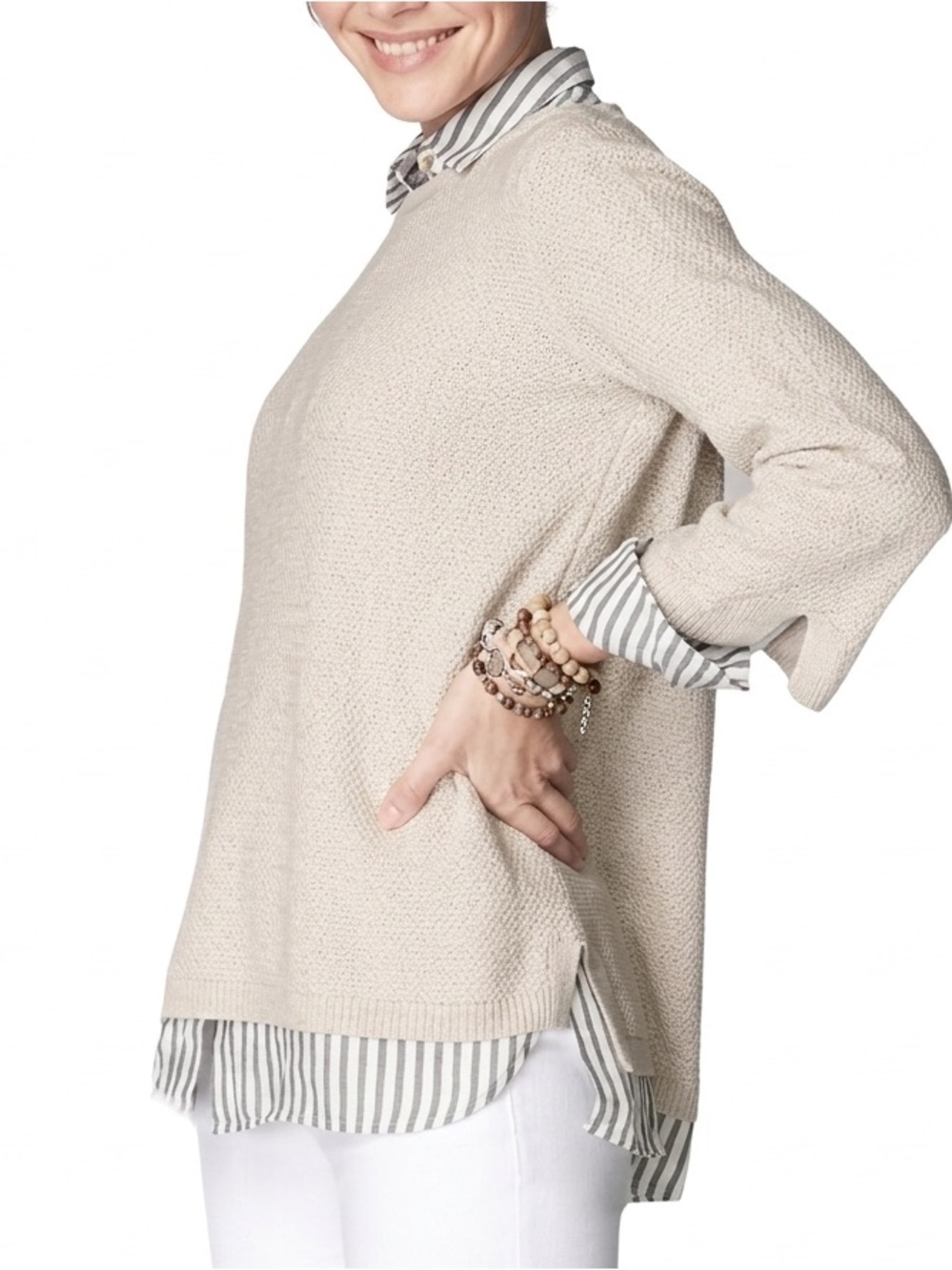 J Jill Beige Linen & Cotton Sweater 3/4 Sleeve Boatneck Vent Hem Coastal Preppy